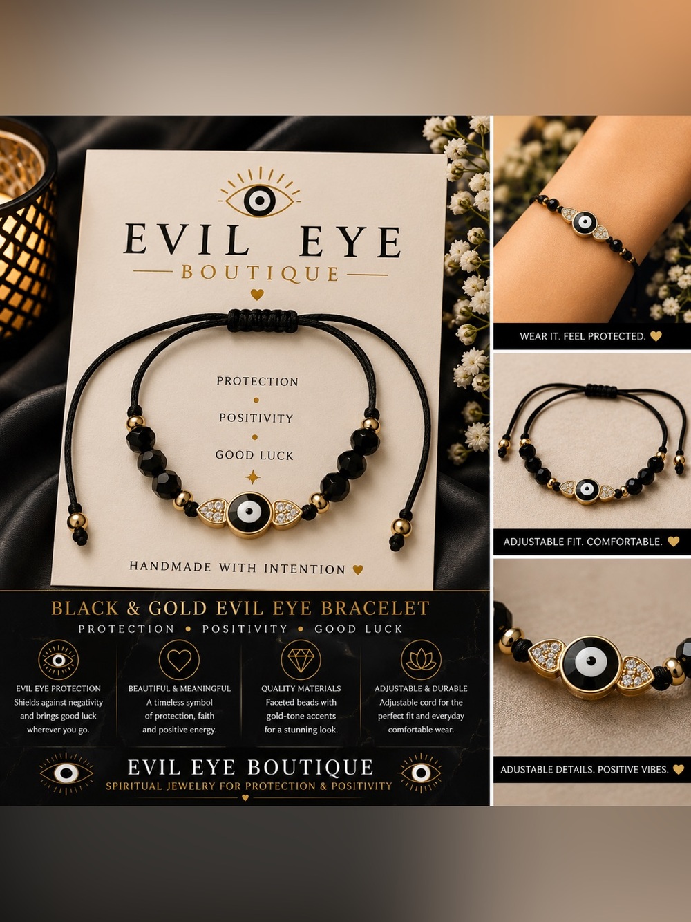 🧿🖤Black & Gold Evil Eye Bracelet🖤🧿